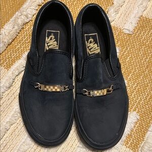 Vans classic black leather slip on ID gold trim